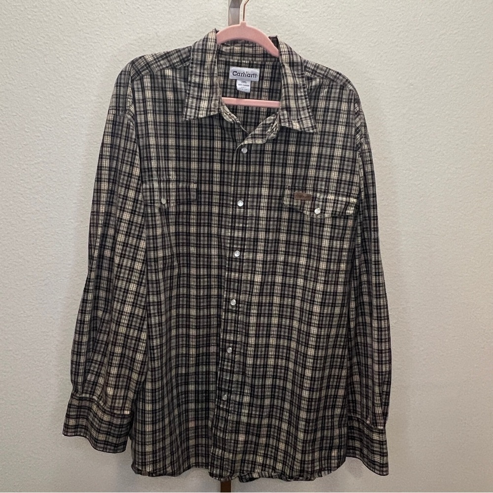 Carhartt Heavyweight Button Down Shirt Mens XXL Black Tan Plaid Vintage Workwear